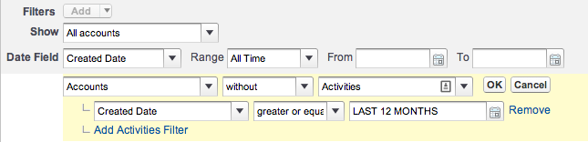 Salesforce Accounts with no activities in the last 12 months
