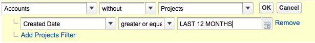 Salesforce Accounts without Projects within the last 12 months