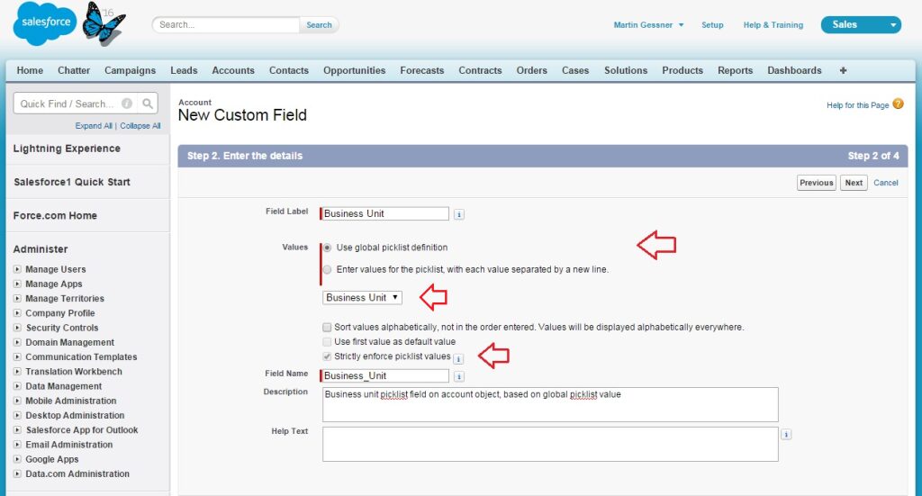 Salesforce global picklist definition