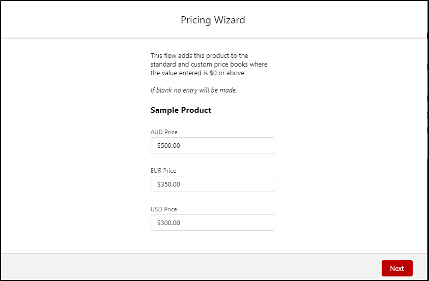 Screen Flows - Enter Prices and Click Next