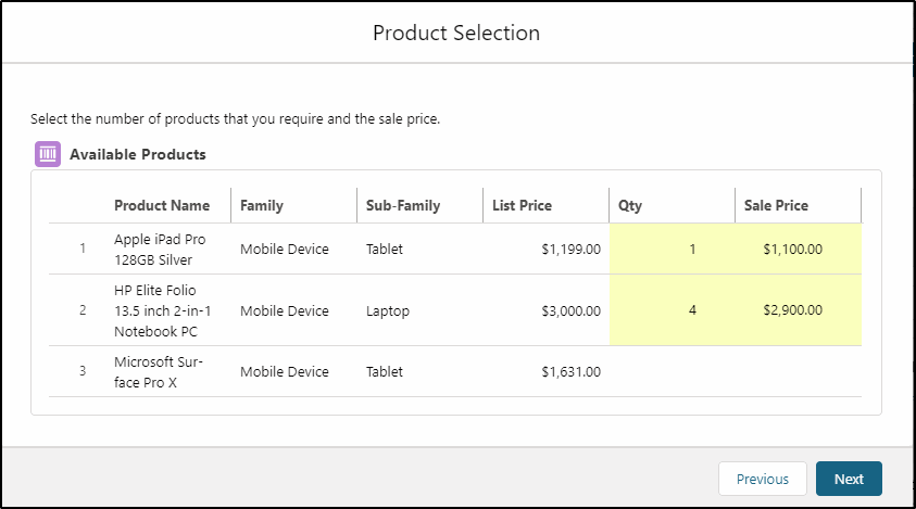 Screen Flows - Filtered List of Products Displayed